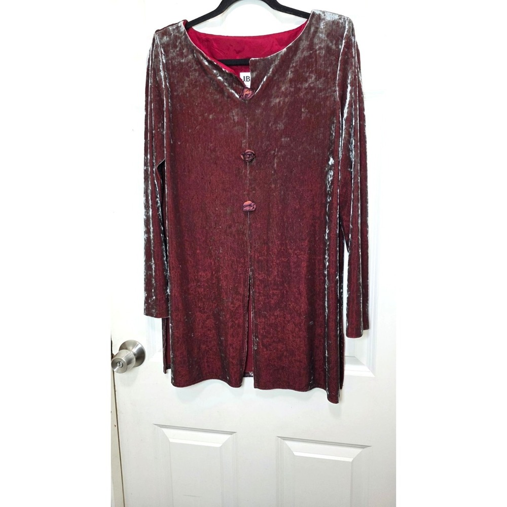 Vintage J.B.S. Ltd. Red Crushed Velvet Long-Sleeve Tunic Floral Buttons Size 10 - Picture 2 of 8